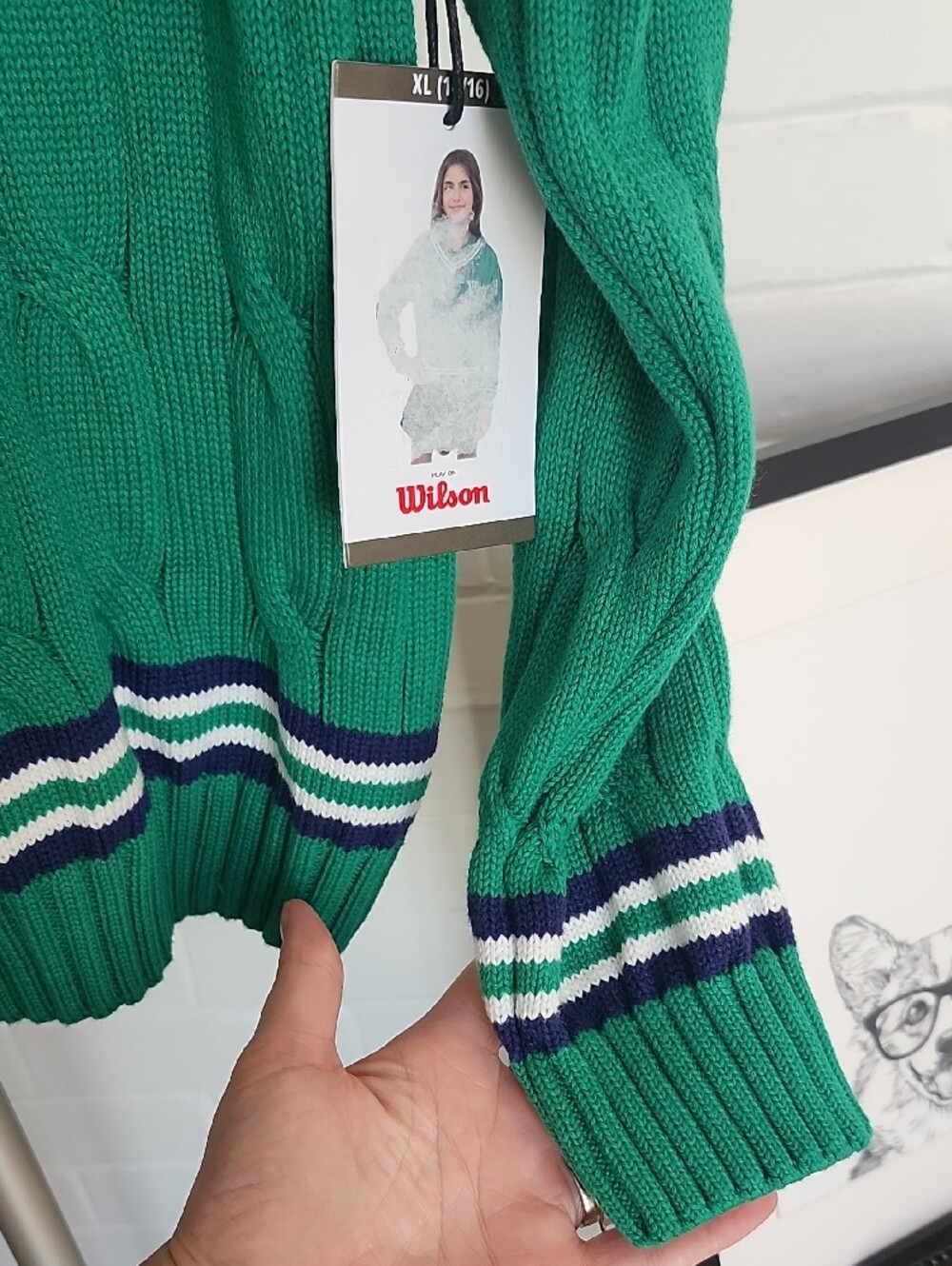 Wilson Green V-Neck Cable Knit Sweater with Striped Trim, Girls Xl 14/16 - Picture 3 of 8